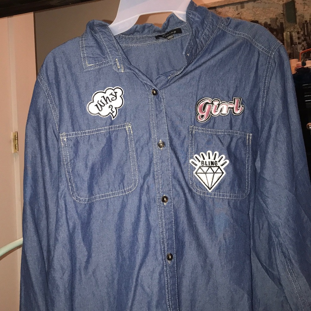 Button up denim shirt.